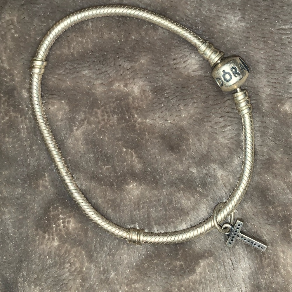Pandora Styled Classic Silver Bracelet with Cross Charm Included